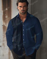Men's Plus Size Color Matching Houndstooth Lapel Long Sleeve Shirt