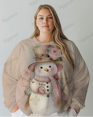 Vintage Flowers Snowman Print Women Big Size Long Sleeve T-shirt