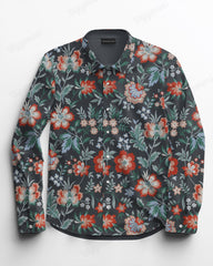 Elegant Gray Garden Long Sleeve Lapel Shirt Men's Plus Size