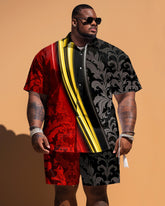 Big Guy's Retro Colorblock Pattern Short Sleeve Shirt Shorts Set