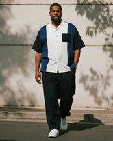 Big & Tall Men's Business Blue Colorblock Stripe Printed Pocket Short Sleeve Shirt Trousers Suit