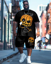 Men's Plus Size Street Fashion Black Pumpkin Head Printed T-Shirt Shorts Suit