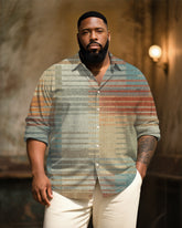 Big & Tall Men's Vintage Ethnic Stripe Art Print Long Sleeve Bamboo Hemp Texture Shirt