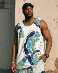 Big & Tall Men's White Vintage Graffiti Bird Print Tank Shorts Suit