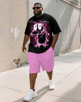 Men's Plus Size Black Powder Panic Cartoon Print Short Sleeve T-shirt Shorts Suit