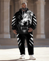 Men’s Street Fashion Graffiti Black And White Wolf Print Big & Tall Hoodie Set