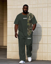 Men's Plus Size Gray Green & Camouflage Chest "Respect" Slogan Printed Short Sleeve T-Shirt Trousers Suit