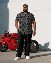 Big & Tall Men's Business Black Jacquard Retro Geometric Pattern Short Sleeve Shirt Pants Suit