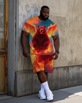 Big Men's Angry Fire Bear Printed Street Fashion Short Sleeve T-Shirt Shorts 2-piece Set