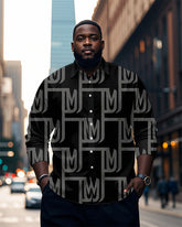 Men's Plus Size Business Black Gray Geometric M Print Long Sleeve Shirt