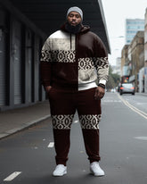 Men's Large Size Ethnic Pattern Color Block Casual Hoodie and Sweatpants Two Piece Set