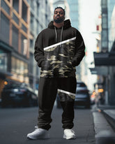 Men's Street Fashion Black Patchwork Camouflage Print Big & Tall Hoodie Set