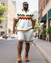 Men's Plus Size Business Wave Geometric Color Block Printed Short Sleeve Polo Shirt Shorts Suit