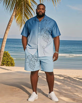 Big & Tall Men's Hawaiian Vacation Blue Gradient Line Leaf Print Shirt Shorts Suit
