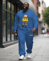 Men's Casual Blue Backpack Bear Letter Print Plus Size Sweatshirt Suit