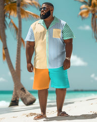 Men's Plus Size Colorblock Hawaiian Striped Print Shirt Shorts Suit