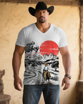 Men's Plus Size White Western Sunset Scene Printed V-Neck Short Sleeve T-Shirt