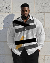 Men's Plus Size Business White Striped Contrast Geometric Print Long Sleeve Shirt