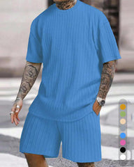 6XL–8XL Vertical-Striped T-shirt and Shorts, Summer Two-Piece Set