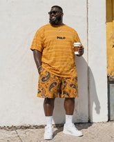 Big & Tall Men's Retro Style Yellow Tone Paisley POLO Letter Printed Round Neck Short Sleeve T-shirt Shorts Set