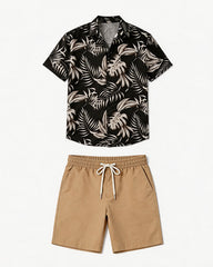 Black Bottom Tropical Palm Leaf Print Short Sleeve Shirt Shorts Holiday Beach Set
