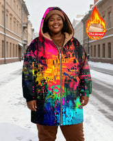 Women's Neon Graffiti Print Velvet Thickened Long Hooded Coat
