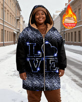 Women's Black Blue And White Sequins LOVE Love Printed Velvet Thickened Long Hooded Coat