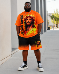 Big & Tall Men’s Flame-Print Jesus Head And Letter Gradient Ombre Crew-Neck Short-Sleeve T-Shirt And Shorts Set