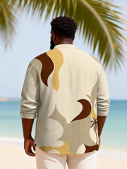 Big & Tall Men's Palm Tree Stripe Contrast Printed Henry Collar Long Sleeve Shirt