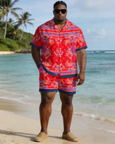 Men's Large Size Red Paisley Short Sleeve Shirt Shorts Set