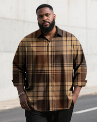 Big & Tall Men's Vintage England Brown Cafe Print Long Sleeve Shirt