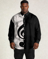 Black, White Large Size Men's Music Print Large Size Men's Long Sleeve Shirt