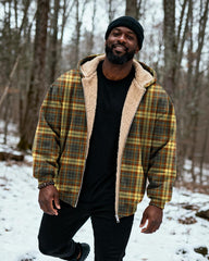Big & Tall Men's Vintage Yellow Plaid Print Velvet Thickened Zipper Hoodie