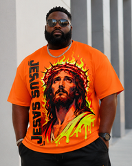 Big & Tall Men’s Flame-Print Jesus Head And Letter Gradient Ombre Crew-Neck Short-Sleeve T-Shirt And Shorts Set