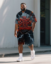Big Men's Casual Dark Style PRISON Fire Letter Printed 2-Piece Short-Sleeve Polo Shirt Shorts Set