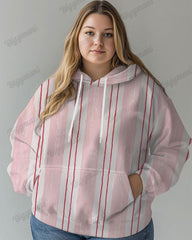 Women's Plus Casual Colorblock Pink Striped Print Long-sleeved Hoodie