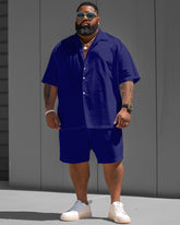Men's Plus Size Versatile Dark Blue Solid Color Short Sleeve Shirt Shorts Set