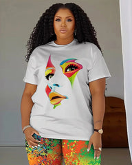 Women's Plus Size Color Printing T-Shirt and Trousers Suit