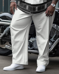 Men's Plus Size Ethnic Black and White Pattern Long Sleeve Shirt Two-Piece Set