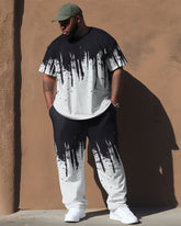 Men's large size black and white spliced short-sleeved trousers two-piece set