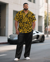 Men's Plus Size Black & Yellow Irregular Geometric Arrangement Short Sleeve Shirt Pants Suit