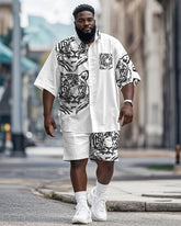 Men's Plus Size Street Fashion White Graffiti Tiger Print Shirt Shorts Suit