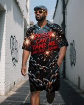 Big Men's Casual Firework PRISON Letter and Chain Printed Short-Sleeve Polo Shirt Shorts Set