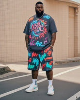 Plus Size Men's Irregular Creative Personality Graffiti English Printed T-Shirt Pocket Shorts Suit
