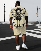 Men's Casual Butterfly Girl Back Print Big & Tall Breathable Outdoor Short-Sleeve T-shirt Shorts Set