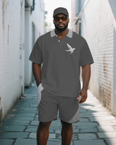 Big Men's Simple White Dove Cartoon Printed Short-Sleeve Polo Shirt and Shorts Set