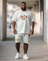 Big & Tall Men's White Minimalist Color Letter Print Crewneck Short-sleeved T-shirt Shorts Suit