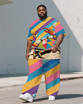 Big Guy's Animal World Crab & Colorful Stripe Printed Casual Short Sleeve T-shirt Pants Set