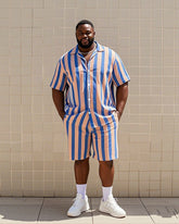 Big Men's-Hot Pink Blue Striped Color Block Printed Short Sleeve Shirt Shorts Suit