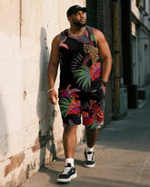 Big & Tall Men's Black Vintage Leopard Plant Print Vest Shorts Suit